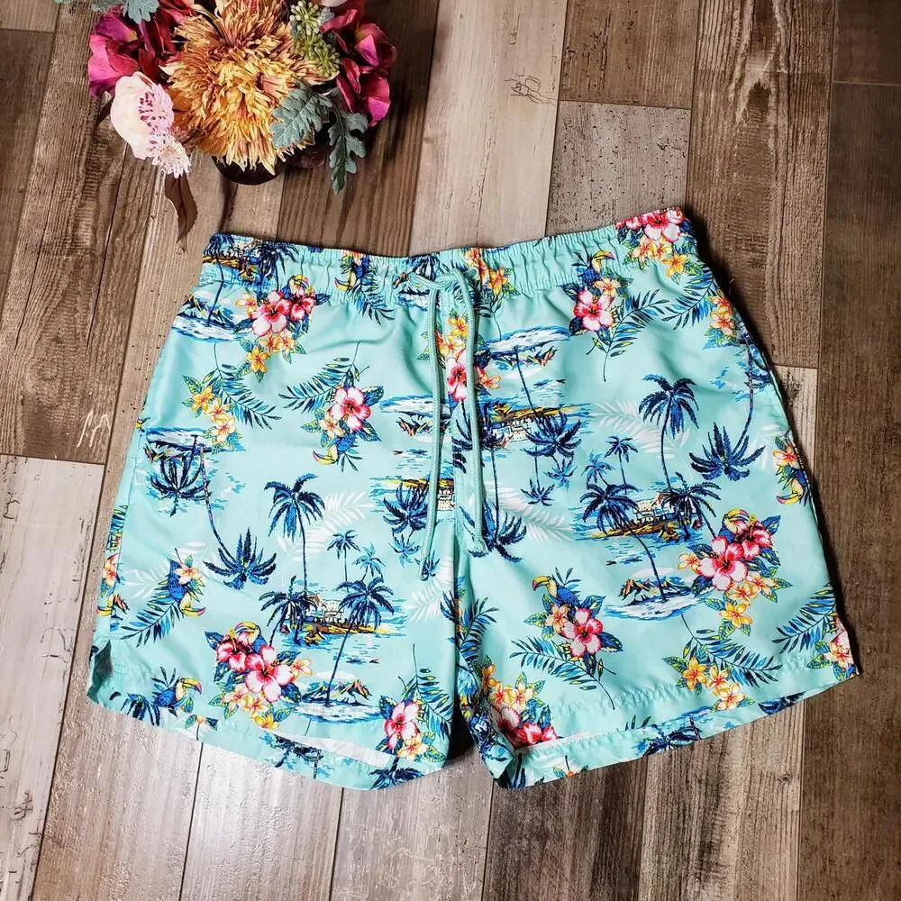 George Men's Large Tropical Board Shorts Swim Trunks Aqua Blue